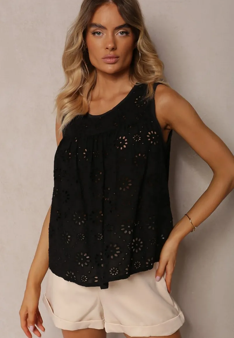 Czarna Ażurowa Bluzka Top z Bawełny Bez Rękawów Aalnea
