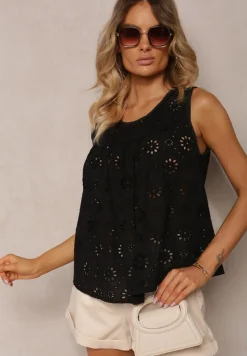 Czarna Ażurowa Bluzka Top z Bawełny Bez Rękawów Aalnea
