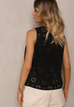 Czarna Ażurowa Bluzka Top z Bawełny Bez Rękawów Aalnea