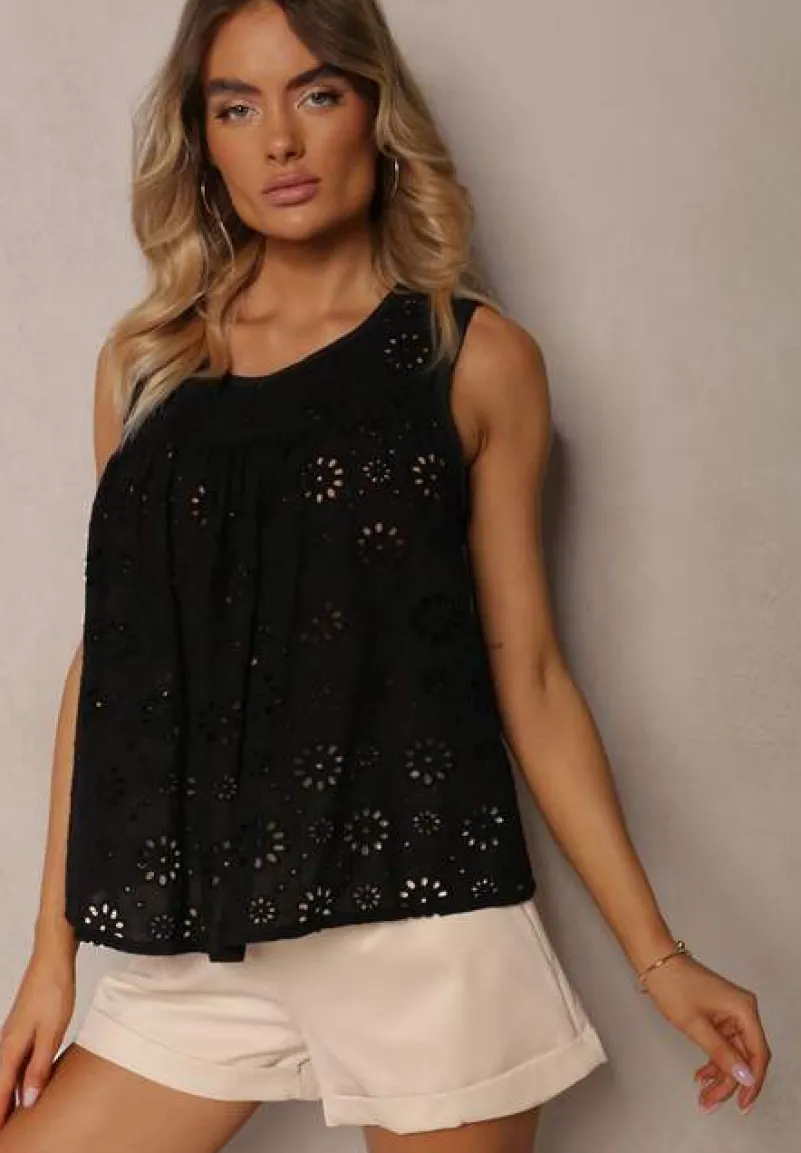 Czarna Ażurowa Bluzka Top z Bawełny Bez Rękawów Aalnea