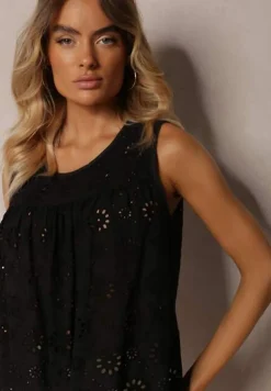 Czarna Ażurowa Bluzka Top z Bawełny Bez Rękawów Aalnea