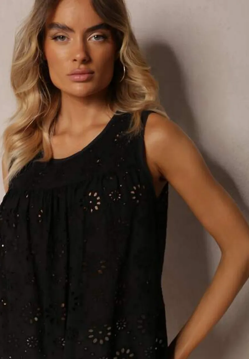 Czarna Ażurowa Bluzka Top z Bawełny Bez Rękawów Aalnea