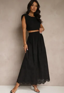 Czarna Ażurowa Rozkloszowana Spódnica z Bawełny Kolittra