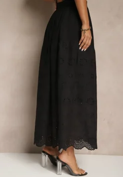 Czarna Ażurowa Rozkloszowana Spódnica z Bawełny Kolittra
