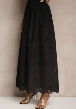 Czarna Ażurowa Rozkloszowana Spódnica z Bawełny Kolittra