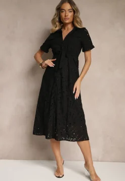Czarna Ażurowa Sukienka Koszulowa Ozdobiona Paskiem Rinailia