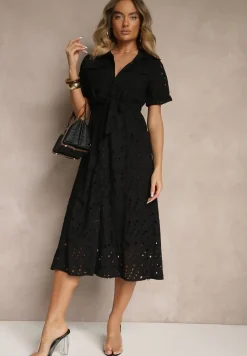 Czarna Ażurowa Sukienka Koszulowa Ozdobiona Paskiem Rinailia