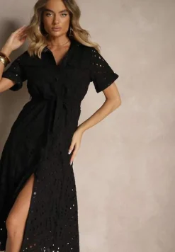 Czarna Ażurowa Sukienka Koszulowa Ozdobiona Paskiem Rinailia