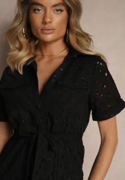 Czarna Ażurowa Sukienka Koszulowa Ozdobiona Paskiem Rinailia