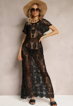 Czarna Ażurowa Sukienka Plażowa z Bawełny Taymbeth