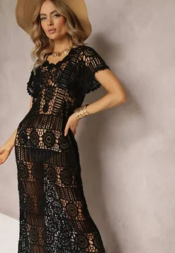 Czarna Ażurowa Sukienka Plażowa z Bawełny Taymbeth