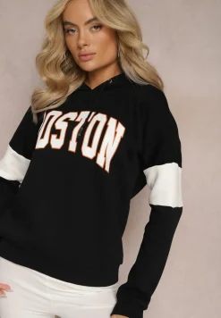 Czarna Bawełniana Bluza z Kapturem w Amerykańskim Stylu z Napisem i Polarem Iocaste