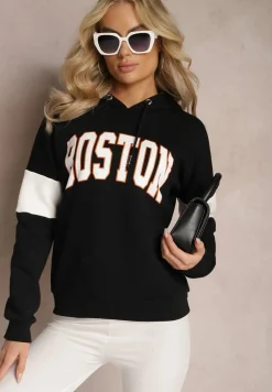 Czarna Bawełniana Bluza z Kapturem w Amerykańskim Stylu z Napisem i Polarem Iocaste