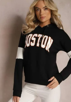 Czarna Bawełniana Bluza z Kapturem w Amerykańskim Stylu z Napisem i Polarem Iocaste