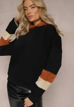 Czarna Bawełniana Bluza z Kapturem i Wstawkami z Polaru Qilin