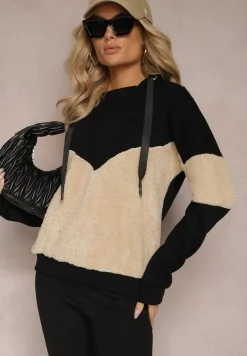 Czarna Bawełniana Bluza z Kapturem ze Ściągaczami i Polarem Eurynia