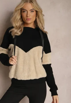 Czarna Bawełniana Bluza z Kapturem ze Ściągaczami i Polarem Eurynia