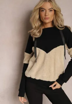 Czarna Bawełniana Bluza z Kapturem ze Ściągaczami i Polarem Eurynia