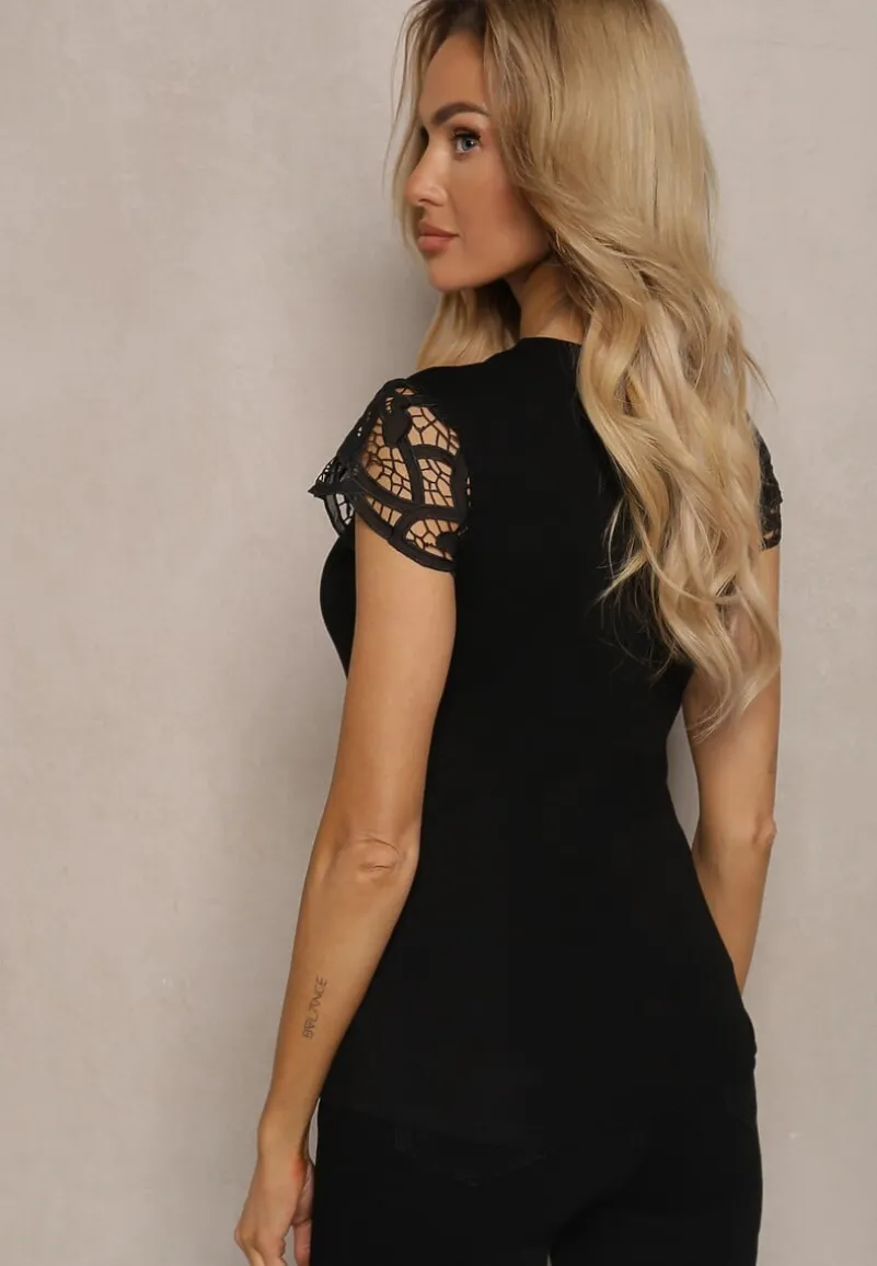 Czarna Bawełniana Bluzka z Rękawami z Koronki i Okrągłym Dekoltem Brynlia