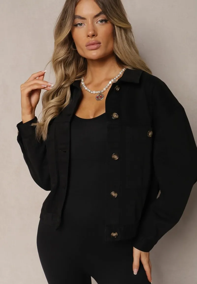 Czarna Bawełniana Jeansowa Kurtka z Guzikami Avieria