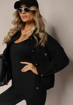 Czarna Bawełniana Jeansowa Kurtka z Guzikami Avieria