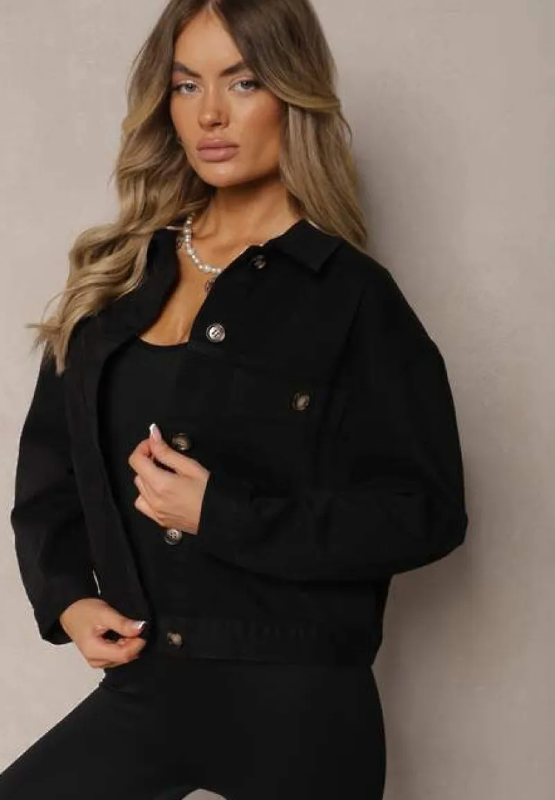 Czarna Bawełniana Jeansowa Kurtka z Guzikami Avieria