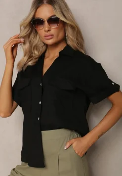 Czarna Bawełniana Koszula z Lnem o Klasycznym Fasonie Leontia