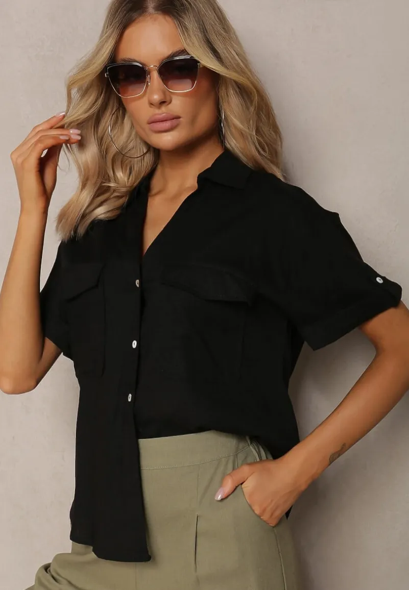 Czarna Bawełniana Koszula z Lnem o Klasycznym Fasonie Leontia