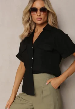 Czarna Bawełniana Koszula z Lnem o Klasycznym Fasonie Leontia