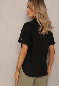 Czarna Bawełniana Koszula z Lnem o Klasycznym Fasonie Leontia