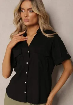 Czarna Bawełniana Koszula z Lnem o Klasycznym Fasonie Leontia