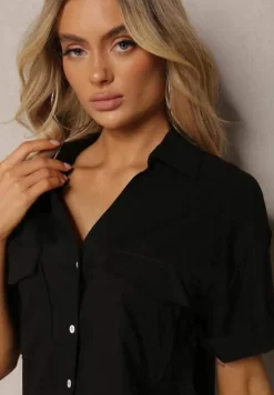 Czarna Bawełniana Koszula z Lnem o Klasycznym Fasonie Leontia