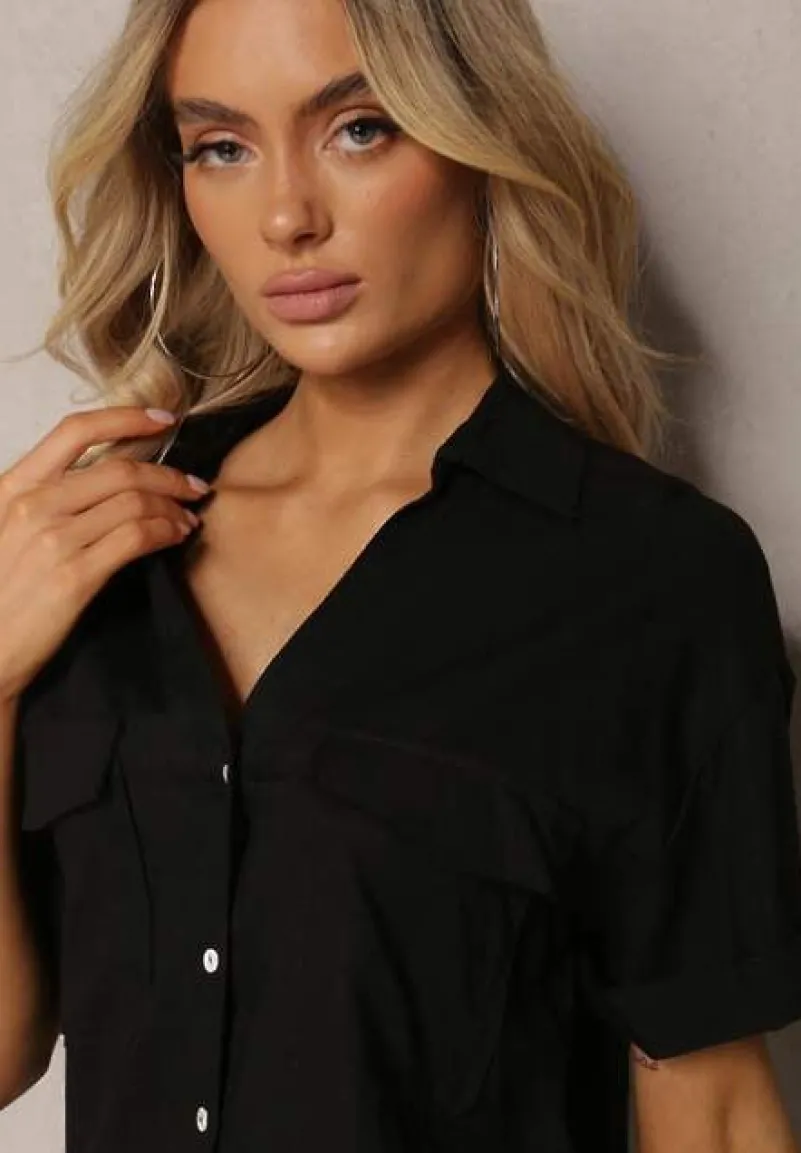 Czarna Bawełniana Koszula z Lnem o Klasycznym Fasonie Leontia