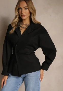 Czarna Bawełniana Koszula Asymetrycznie Zapinana Zdobiona Wiązaniem w Talii Sanilsa