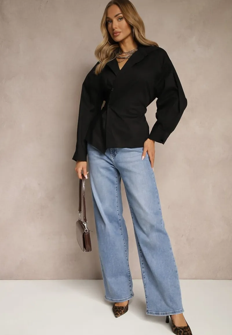 Czarna Bawełniana Koszula Asymetrycznie Zapinana Zdobiona Wiązaniem w Talii Sanilsa