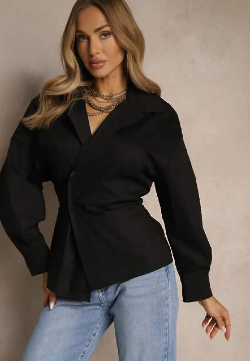 Czarna Bawełniana Koszula Asymetrycznie Zapinana Zdobiona Wiązaniem w Talii Sanilsa