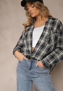 Czarna Bawełniana Koszula w Kratę z Pojedynczą Kieszonką Annisen