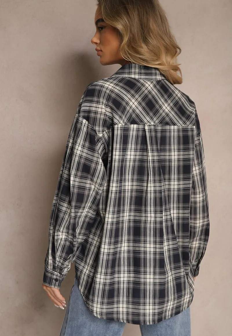 Czarna Bawełniana Koszula w Kratę z Pojedynczą Kieszonką Annisen