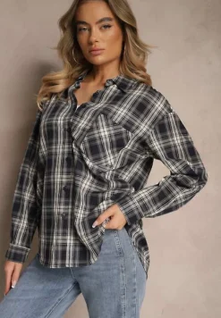 Czarna Bawełniana Koszula w Kratę z Pojedynczą Kieszonką Annisen