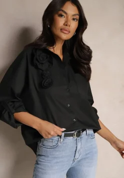 Czarna Bawełniana Koszula z Kwiatową Aplikacją 3D Dolianis