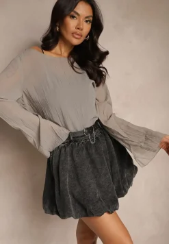 Czarna Bawełniana Spódnica Bombka z Podszewką Szorty z Paskiem Ilirisa