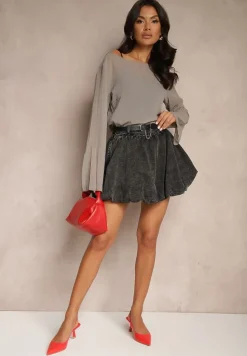 Czarna Bawełniana Spódnica Bombka z Podszewką Szorty z Paskiem Ilirisa