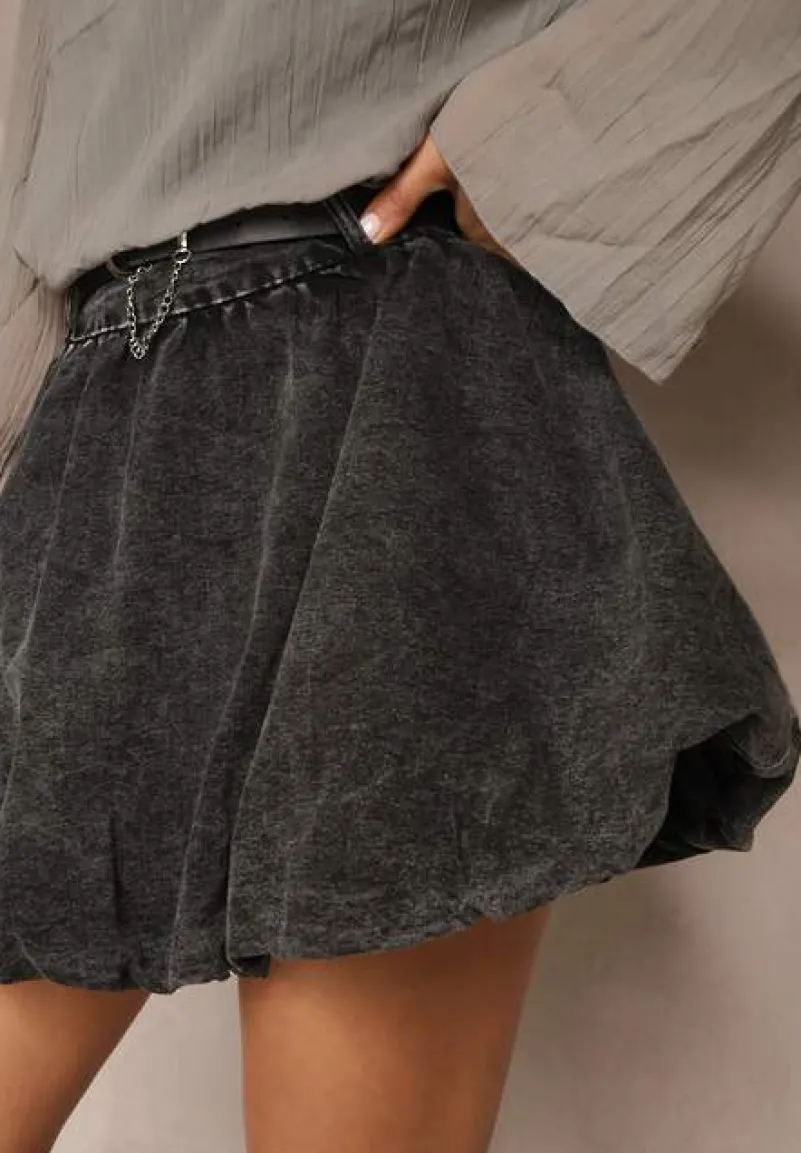 Czarna Bawełniana Spódnica Bombka z Podszewką Szorty z Paskiem Ilirisa