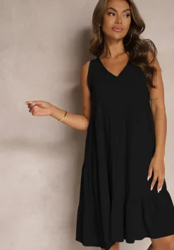 Czarna Bawełniana Sukienka o Rozkloszowanym Kroju Bez Rękawów Gladea