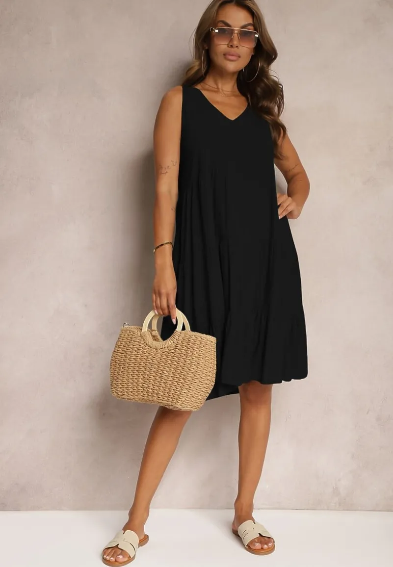 Czarna Bawełniana Sukienka o Rozkloszowanym Kroju Bez Rękawów Gladea