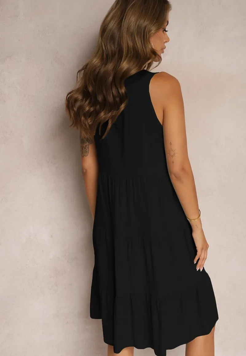 Czarna Bawełniana Sukienka o Rozkloszowanym Kroju Bez Rękawów Gladea