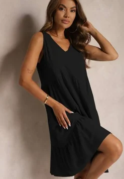 Czarna Bawełniana Sukienka o Rozkloszowanym Kroju Bez Rękawów Gladea