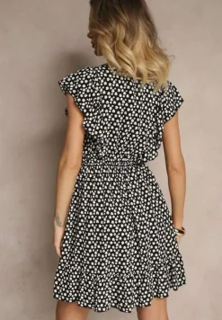 Czarna Bawełniana Sukienka o Rozkloszowanym Kroju z Guzikami w Kwiatowy Wzór Roniva