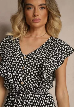 Czarna Bawełniana Sukienka o Rozkloszowanym Kroju z Guzikami w Kwiatowy Wzór Roniva