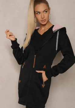 Czarna Bluza Długa z Kapturem Ozdobionym Napisami Sinellina